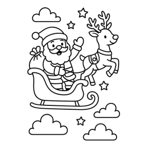 Papai Noel no trenó entre estrelas e nuvens para colorir