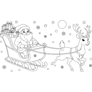 Papai Noel no trenó entre flocos de neve para colorir