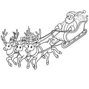 Papai Noel no trenó puxado por renas para colorir