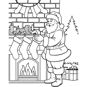 Papai Noel pendurando presentes na lareira para colorir