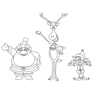 Papai Noel, rena e duende reunidos para colorir