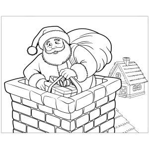 Papai Noel saindo da chaminé com o saco de presentes para colorir