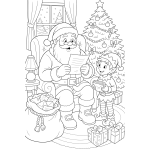 Papai Noel sentado entre os presentes para colorir