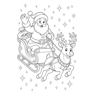 Papai Noel voando no trenó com as renas para colorir