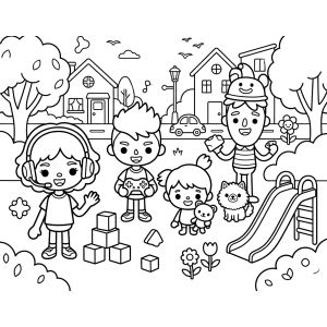 Parquinho do Toca Boca com escorregador e amigos para colorir