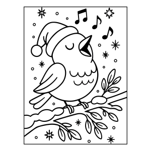 Passarinho cantando no galho de Natal para colorir