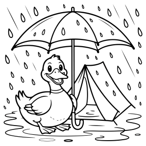 Patinho com guarda-chuva ao lado da barraca para colorir