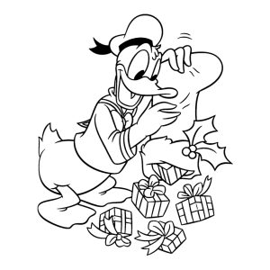 Pato Donald abrindo presentes de Natal para colorir