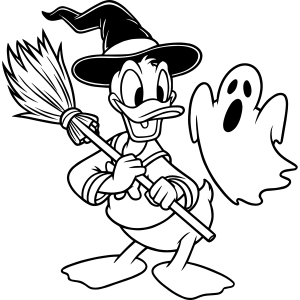 Pato Donald de bruxo com fantasminha para colorir