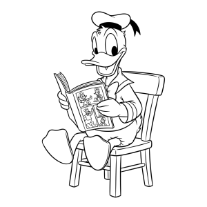 Pato Donald lendo jornal na cadeira para colorir