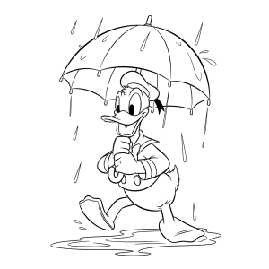 Pato Donald na chuva com guarda-chuva para colorir