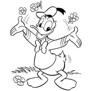 Pato Donald no jardim com flores para colorir