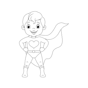 Pequena heroína de capa com coração no peito para colorir