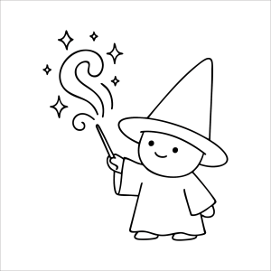 Pequeno mago kawaii com varinha brilhante para colorir