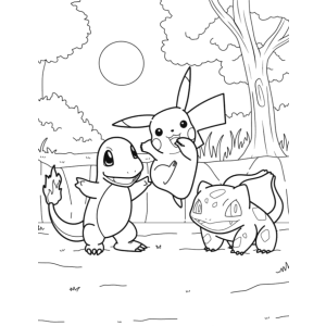 Pikachu, Charmander e Bulbasaur na floresta para colorir