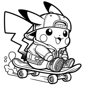 Pikachu de boné andando de skate para colorir