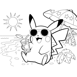 Pikachu de óculos escuros na praia para colorir