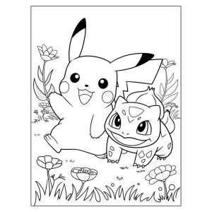 Pikachu e Bulbasaur no jardim florido para colorir