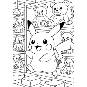 Pikachu na loja de ursinhos de pelúcia para colorir