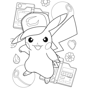 Pikachu treinador com Pokédex para colorir