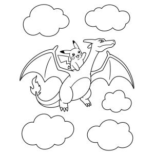Pikachu voando nas costas do Charizard para colorir