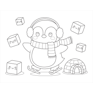 Pinguim brincando com cubos de gelo para colorir