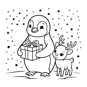 Pinguim com presente e rena na neve para colorir