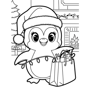 Pinguim com sacola de presentes na loja para colorir