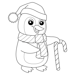 Pinguim de cachecol segurando bengala doce para colorir
