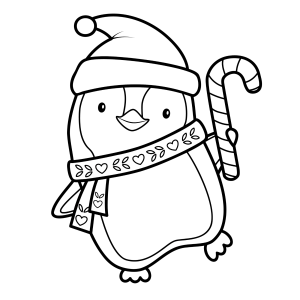 Pinguim de gorro com bengala doce para colorir