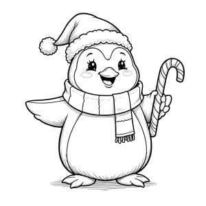Pinguim de Papai Noel com bengala doce para colorir