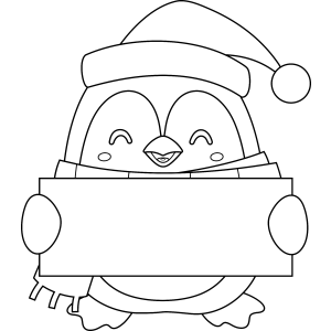 Pinguim de Papai Noel segurando uma placa para colorir