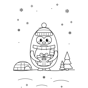 Pinguim de touca com iglu e pinheiro para colorir