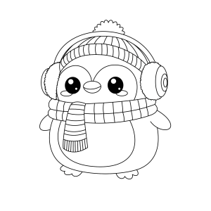 Pinguim de touca de lã e cachecol para colorir