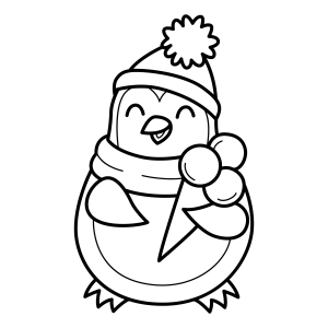 Pinguim de touca segurando bola de neve para colorir