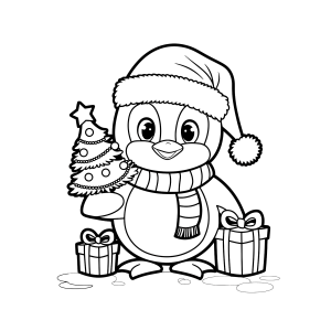 Pinguim decorando a árvore de Natal para colorir