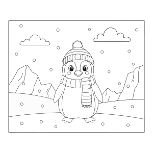 Pinguim na neve com montanhas ao fundo para colorir