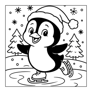 Pinguim patinando entre pinheiros para colorir
