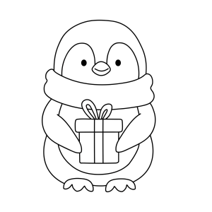 Pinguim segurando um presente de Natal para colorir