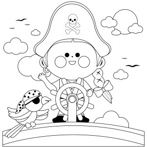 Pirata fofo no leme com papagaio para colorir