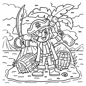 Pirata na ilha com baú de tesouro e sabre para colorir
