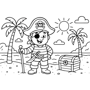 Pirata na praia com baú de tesouro e palmeiras para colorir