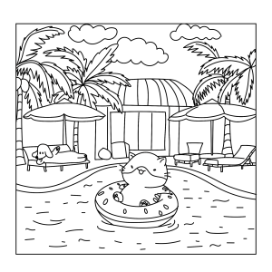 Piscina do resort com boia e palmeiras para colorir
