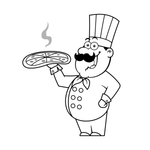 Pizzaiolo de bigode segurando a pizza para colorir