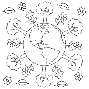 Planeta Terra rodeado de árvores e folhas para colorir