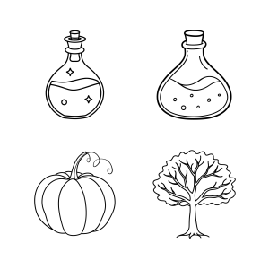 Poções, abóbora e árvore de Halloween para colorir