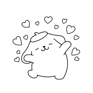 Pompompurin acenando entre corações para colorir