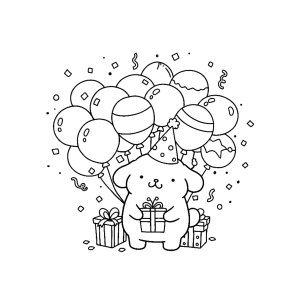 Pompompurin com muitos balões e presentes para colorir
