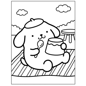 Pompompurin comendo pudim no chão de madeira para colorir