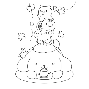 Pompompurin de boina com os amigos para colorir